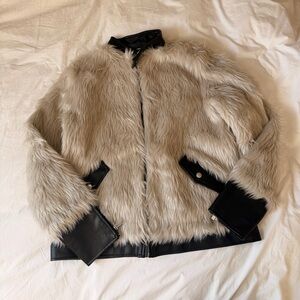 Noize Cream Faux Fur Jacket with Black “leather” Accents